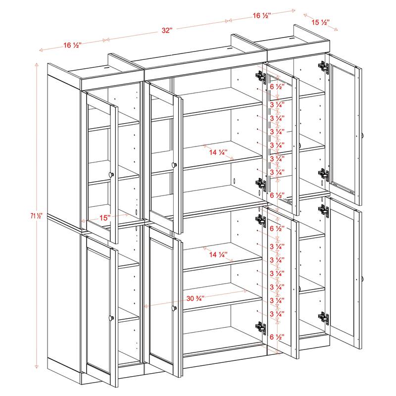 Palace Imports 100% Solid Wood Pantry China Cabinet, Raised Panel & Clear Glass Doors, Adjustable Shelves, 65" Wide, 71.5" Tall