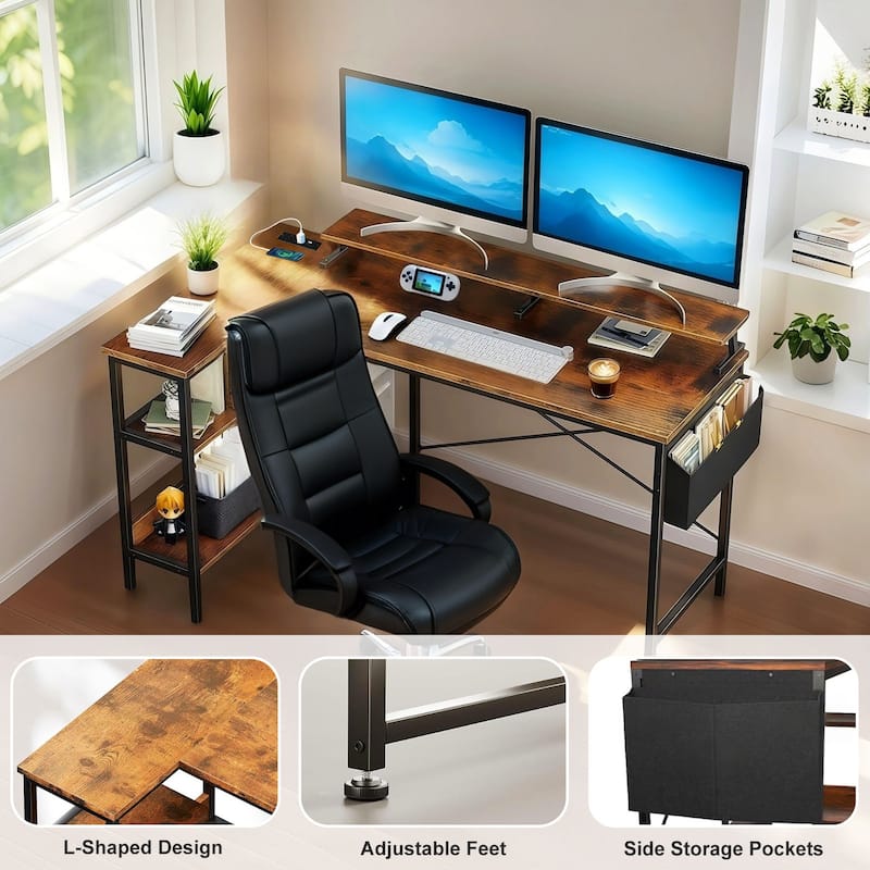 GDF Studio - Beaumont Modern Industrial Reversible L-Shape Computer Desk with Power Outlets