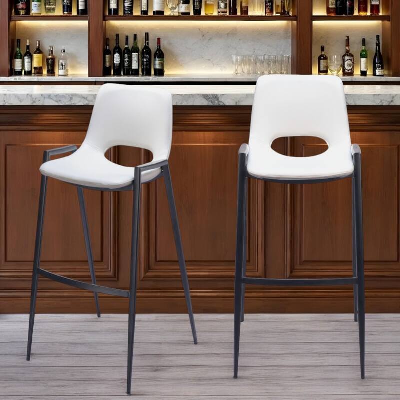 Set of 2 Faux Leather Low Back Chairs with Steel Frame and Footrest - White-Black-30-Inch
