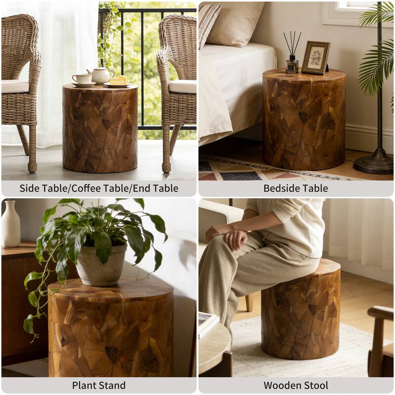 Handcrafted Chips Teak Wood Coffee Table Accent Side Table Stool