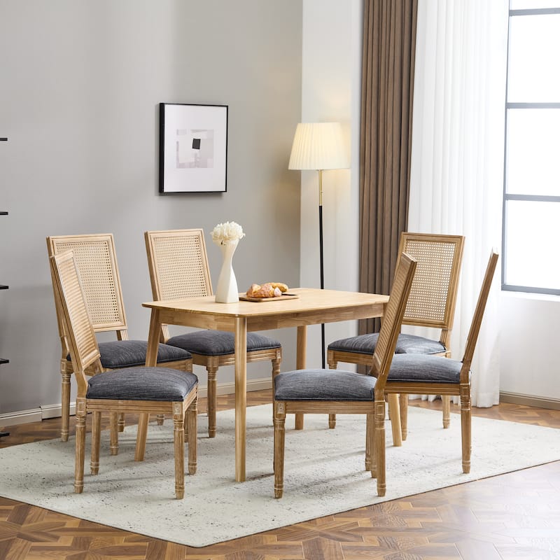 [Set of 6] French Country Dining Chairs-0Elegant Cane Backrest & Upholstered Seats with Fluted Legs- Solid Rubberwood Frame