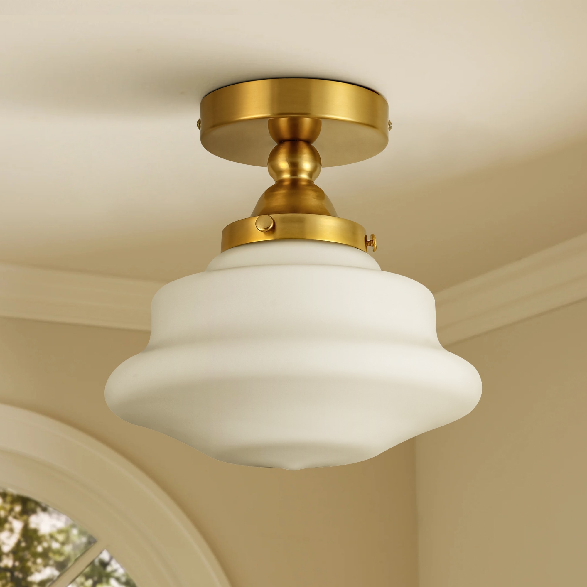 9.5" W Farmhouse Rustic Gold/Black Metal Semi-Flush Mount Ceiling Light with Frosted White Glass for Bedroom, Living Room