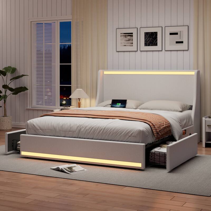 Upholstered LED Bed Frame with 2 Storage Drawers and Wingback Headboard Linen Fabric Platform Bed with Charing Station