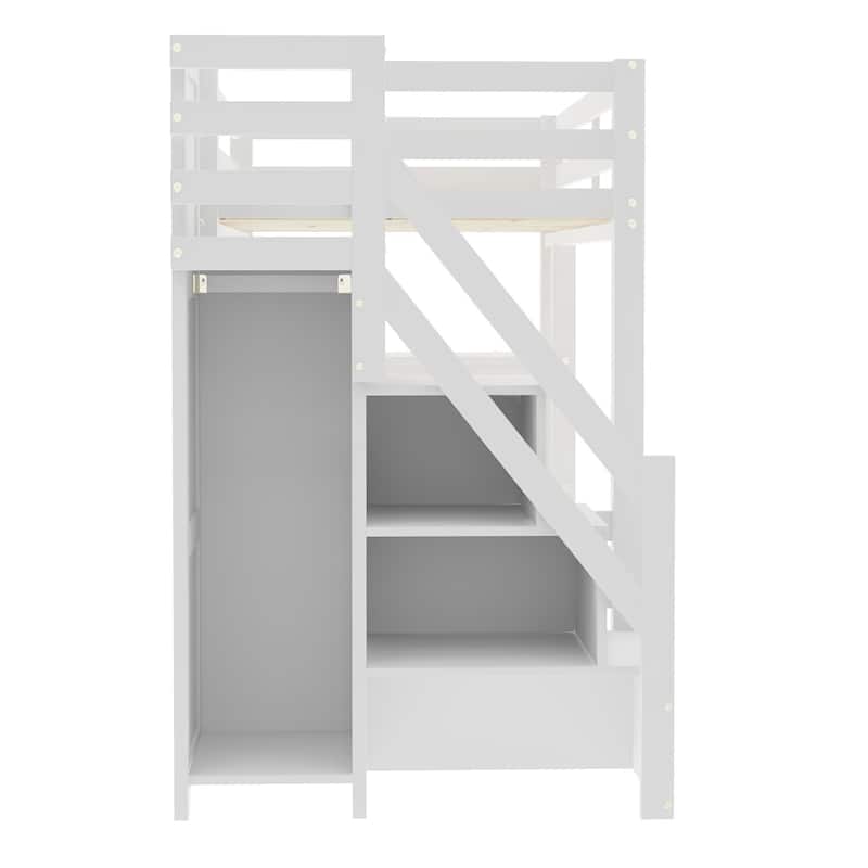 3-Tier Shelves Loft Bed White Wood Bed Frame with Storage Staircase and Safety Guardrail, Bright LED Lights Underneath