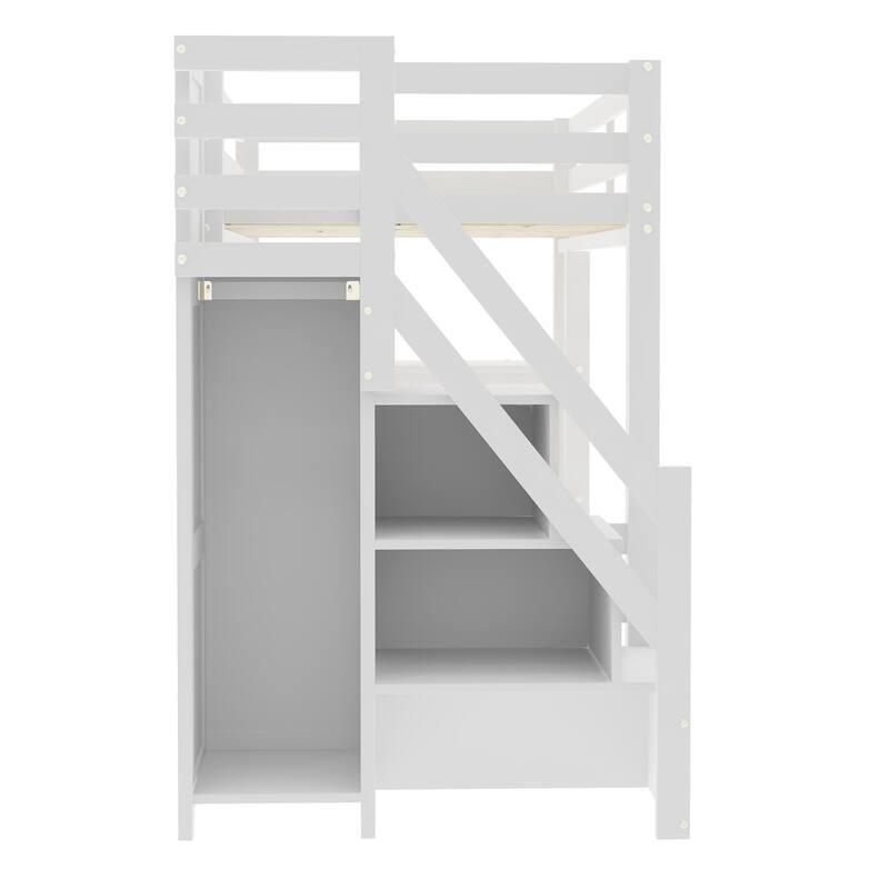 Twin/Full Size LED Loft Bed with Storage Staircase and Wardrobe, Solid Pine Wood High Loftbed Frame with 4 Layer Storage Shelves