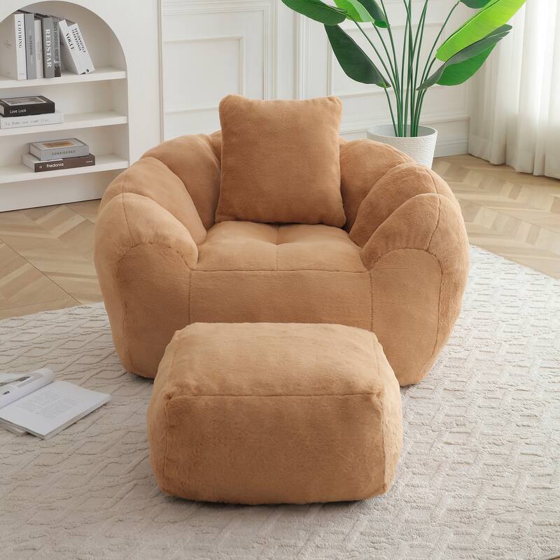 Bean Bag Chair With Footstool, Oversized Bean Bag,Faux Fur Shell-Shaped Large Chair With Filler,Stuffed Big Accent Sofa