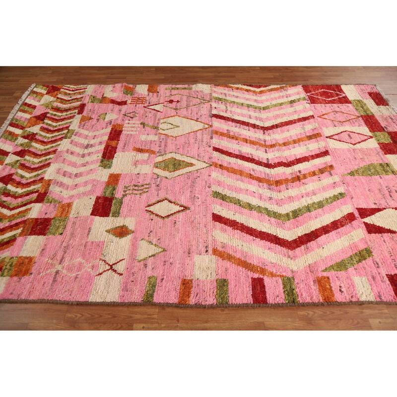 Hand Knotted Oriental 100% Wool Carpet Modern Tribal Pink Moroccan Area Rug - 9' 10'' X 6' 5''