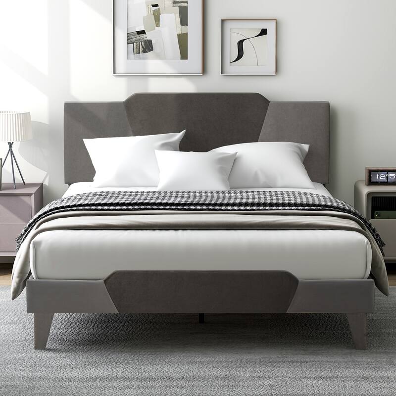 Modern Velvet Bed Frame with Anti-Slip Feet and Strong Slats