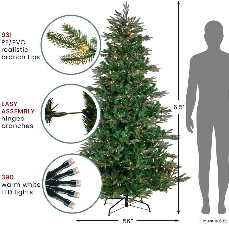 6.5' Hudson Fir Artificial Christmas Tree, Warm White LED Lights - 6.5 Foot
