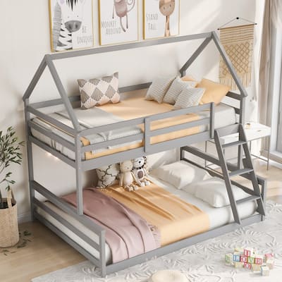 Gray Twin Size Pine Wood House Design Bunk Bed with Built-in Ladder and Guardrail, Converts to Separate Beds
