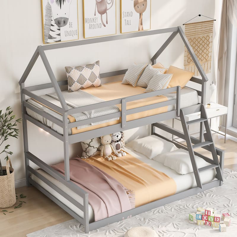 Solid Wood Twin Over Full House Bunk Bed with Slide - Safe, Fun Design for Kids' Rooms - Grey - Twin