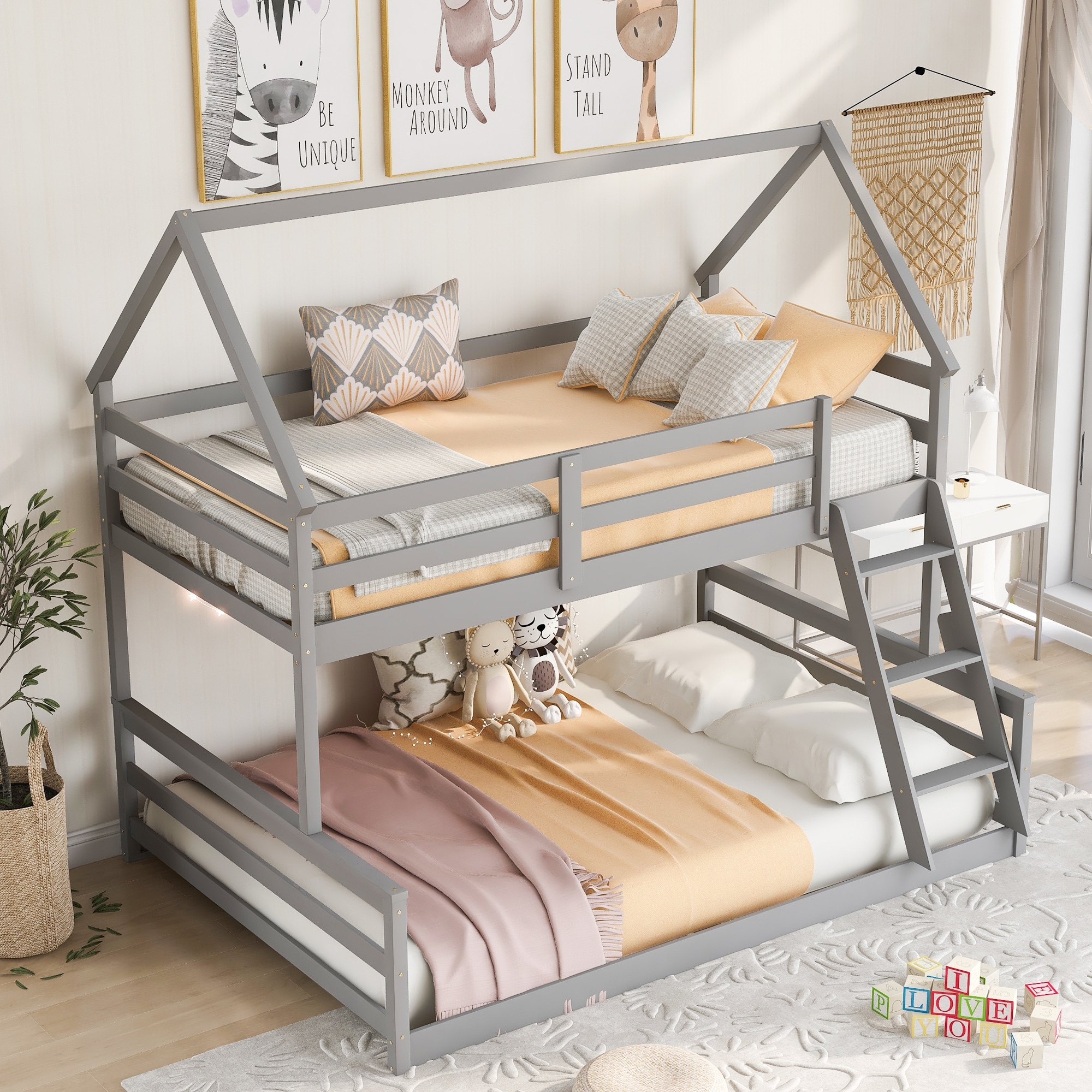 Twin Over Full House Bunk Bed with Built in Ladder Wooden Floor Bed Frame with Safety Guard Rails for Kids Teens Boys Girls Gray