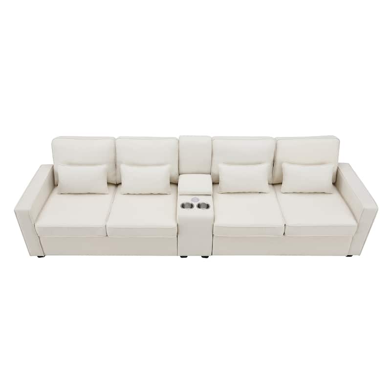 Modern 4-Seat Sofa with Console, Wireless Charging, 2 Cupholders, and 4 Pillows, Upholstered in Linen Fabric