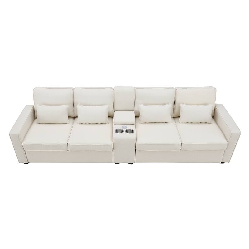 Modern 4-Seat Sofa with Storage Console, 2 Cupholders & USB Charging