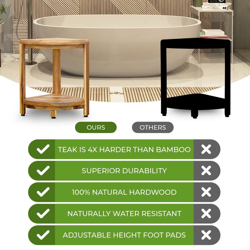 EcoDecors Corner Teak Wood Shelf Shaving Footrest Waterproof Stool For Inside Shower, 18-Inches Tall in Earthy Teak Finish
