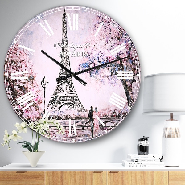 Designart 'Eiffel with Pink Flowers' Vintage Large Wall CLock. Opens flyout.