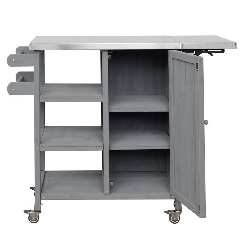 Foldable Outdoor Portable Kitchen Island Cart with Lockable Wheels, Storage Cabinet & Towel Rack