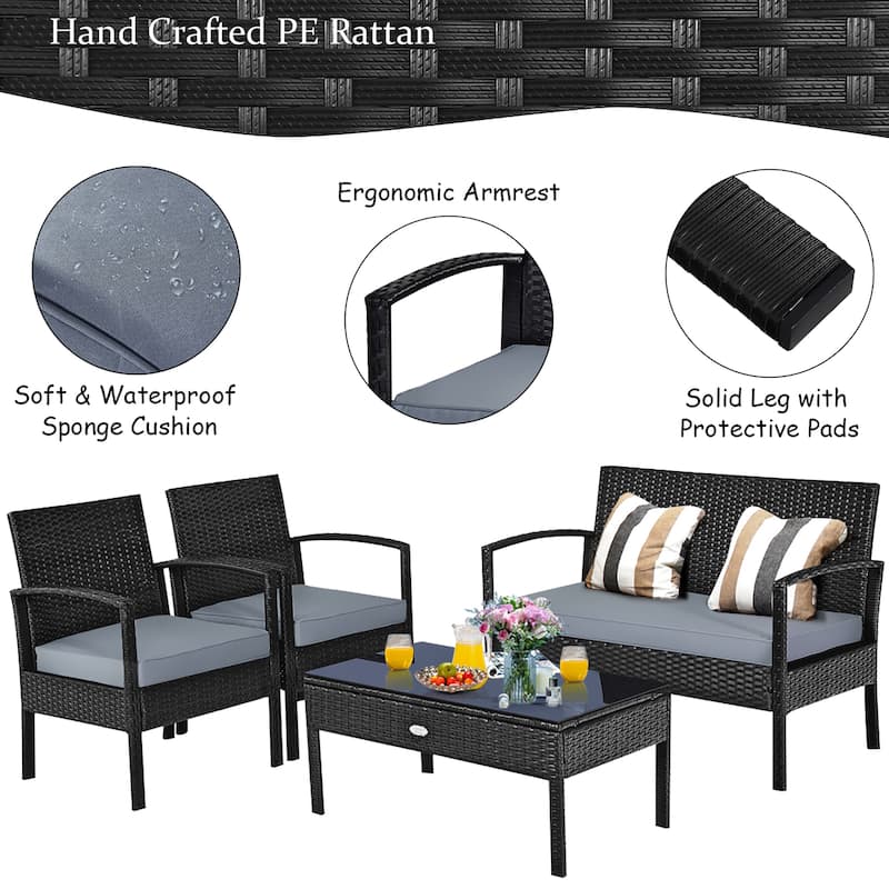 Costway 4PCS Patio Rattan Wicker Furniture Set Loveseat Sofa Cushioned - See Details