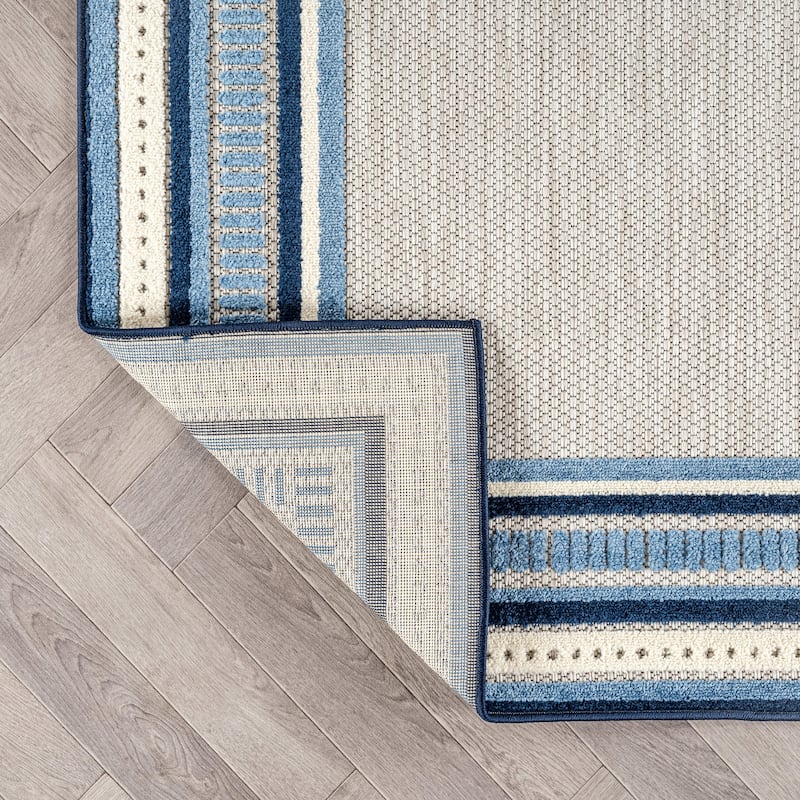 World Rug Gallery Indoor/Outdoor High-Low Textured Area Rug, Coastal Border Easy-Clean Patio Rug