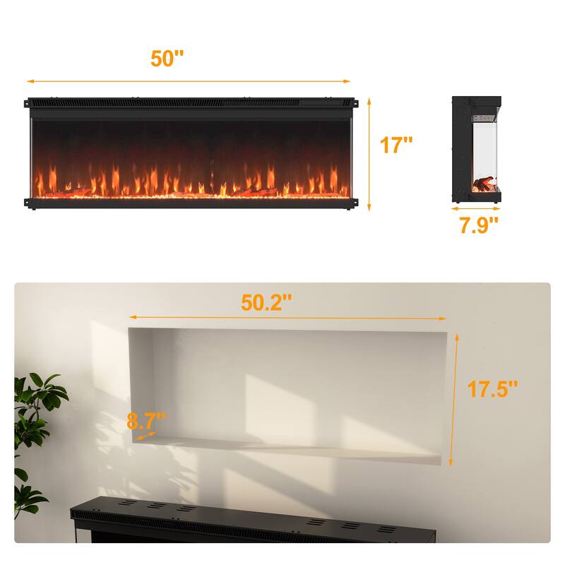 3-Sided Electric Fireplace with 12-Color Flame, Dual Heat Settings 750W/1500W, Smart App & Remote Control – 50/60/70 Inch