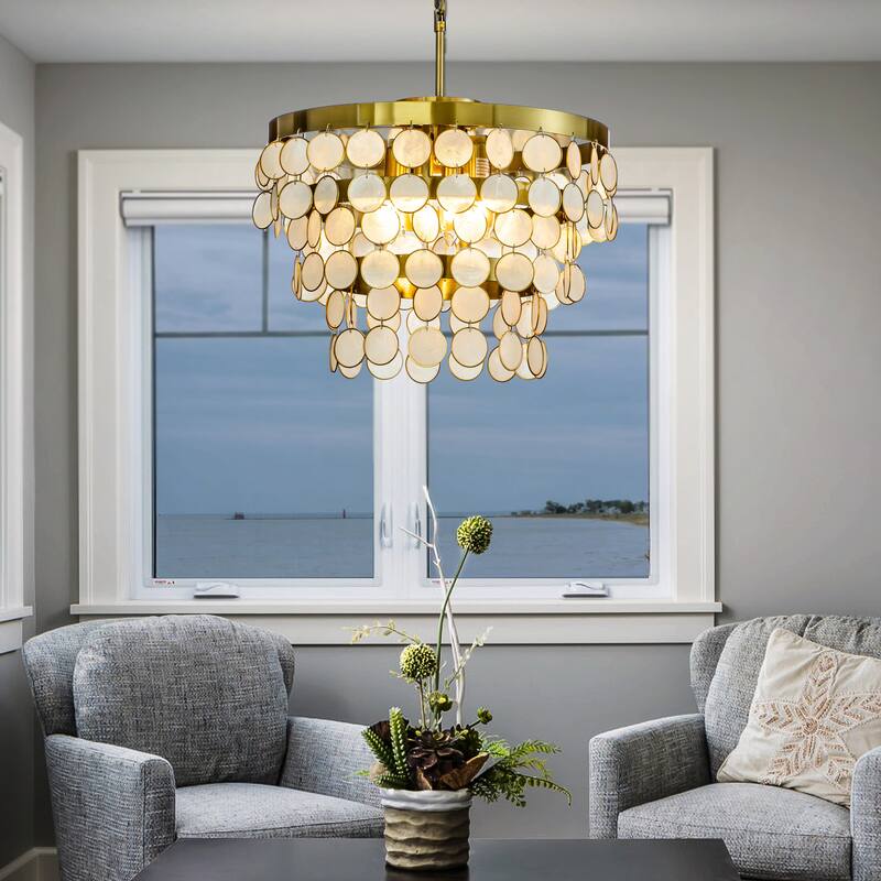 4-Light Round Coastal Capiz Shells Tiered Chandelier With Antique Gold Metal-Open Box