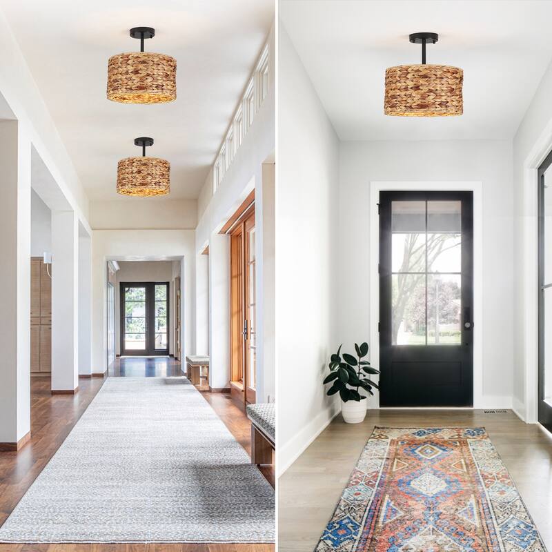 1-Light Semi-Flush Mount Lighting with Drum Shade, Classic Semi Flush Mount Chandelier for Living Room Kitchen Dining Foyer