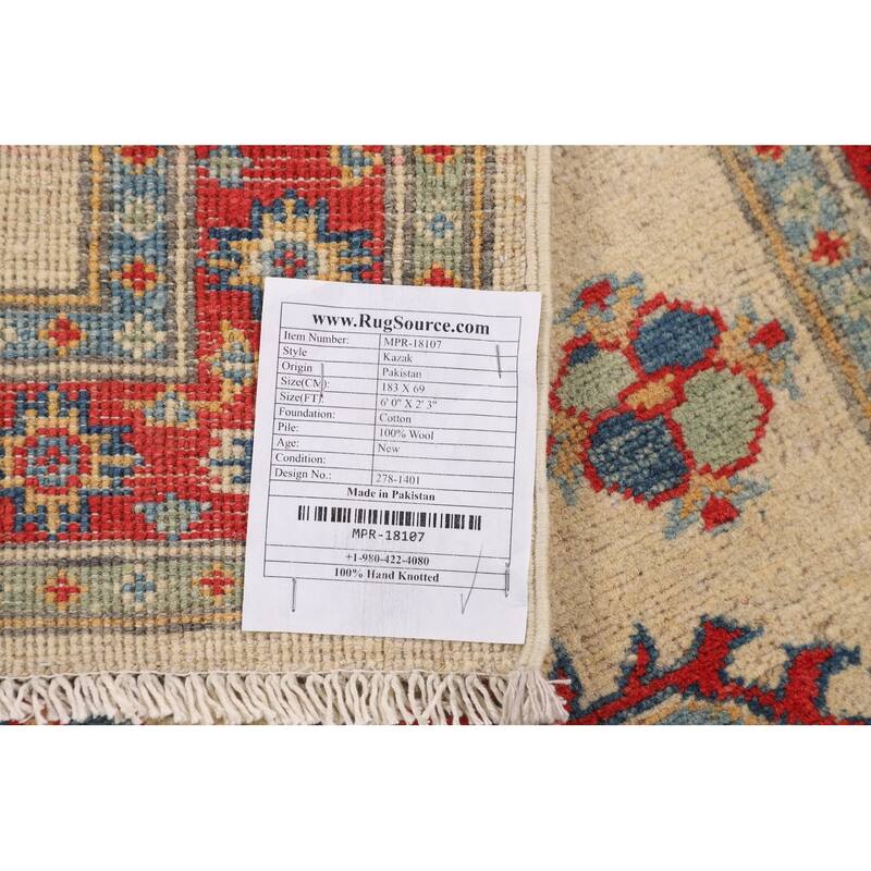 Geometric Kazak Oriental Runner Rug Handmade Wool Carpet - 2'3" x 6'0"