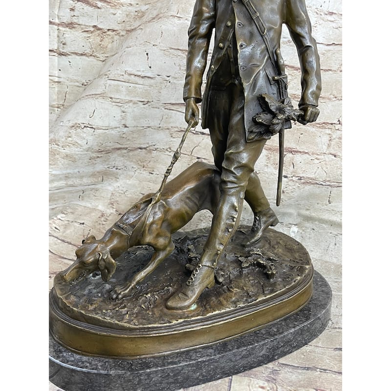 Original Italian Artist Aldo Vitaleh Hunter And Dog Bronze Marble Base Sculpture