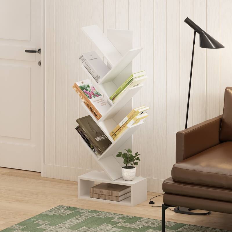 Furinno Tree Bookshelf 7-Tier Floor Standing Tree Bookcase with Bottom Shelf, Amber Pine