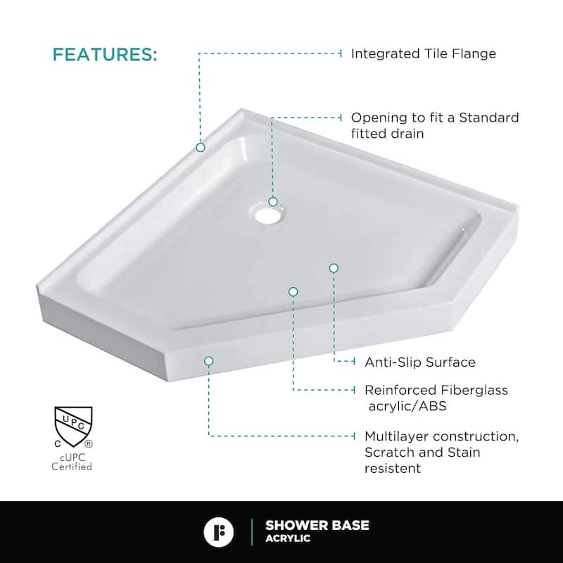 Neo Angle, Acrylic Shower Base with Compatible Glass Frameless Shower Enclosure