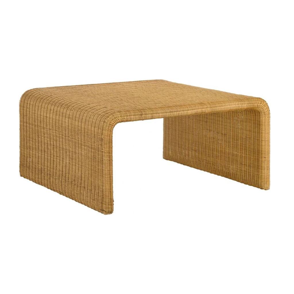 Kelp 36 Inch Square Coffee Table, Natural Rattan Weave, Rich Light Brown