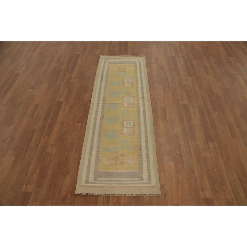 Hand Woven Oriental 100% Wool Carpet Southwestern Tribal Yellow & Gold Kilim Runner Rug - 6' 4'' X 2' 1''