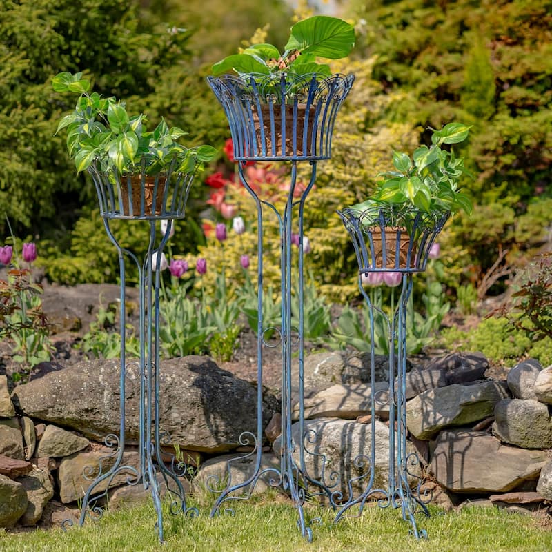 Set of 3 Standing Iron Pedestal Plant Stands - 18.11x18.11x55.11 - Antique Blue