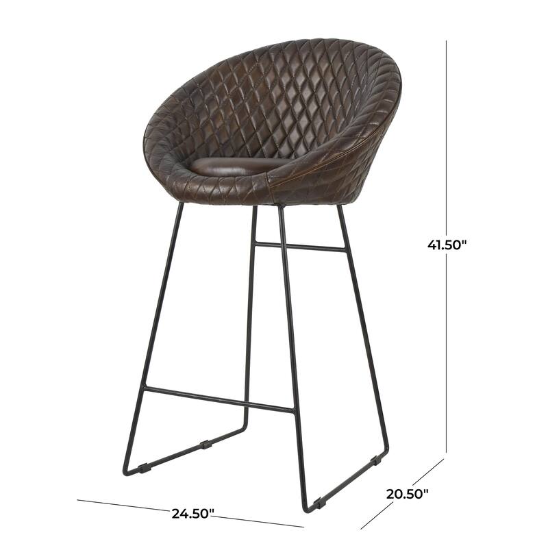Leather Round Diamond Tufted Bar Stool with High Back and Black Metal Legs - Set of 2 Brown or Dark Brown - Roche River Decor