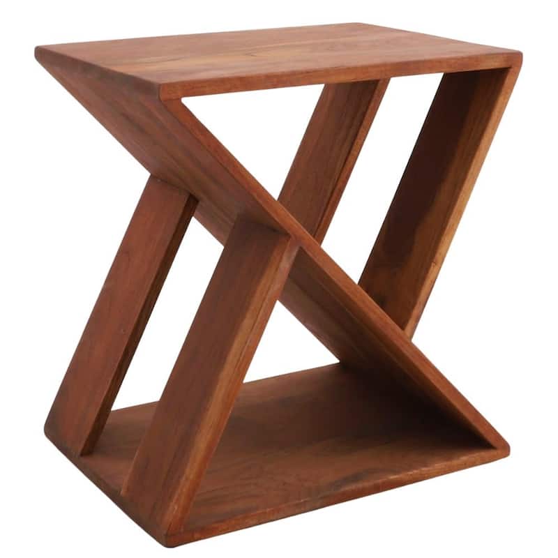 Nordic Style Teak Slatted Stool and End Table - 11.8" L x 15.7" W x 17.7" H - Brown
