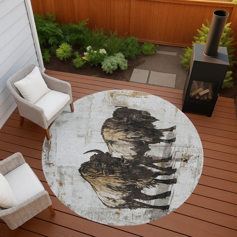 Machine Washable Indoor/ Outdoor Modern Buffalo Chantille Rug - Putty - 8' x 8'