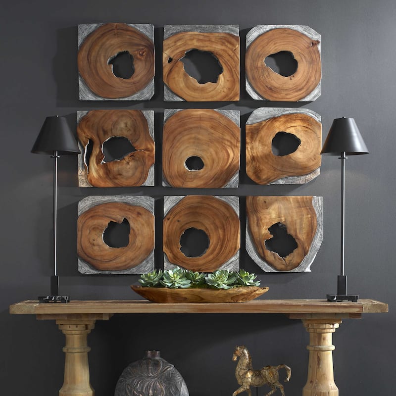 Handcrafted Paneled Wood Wall Art - 16" - Brown and Black - Set of 9