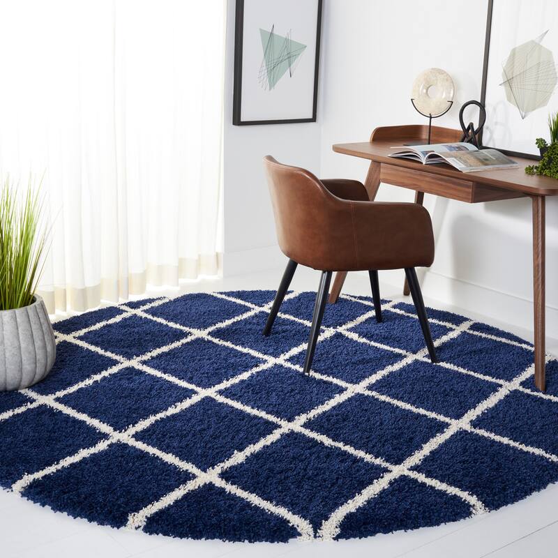 SAFAVIEH Hudson Shag Sherree Trellis 2-inch Thick Rug - 7' Round - Navy/Ivory