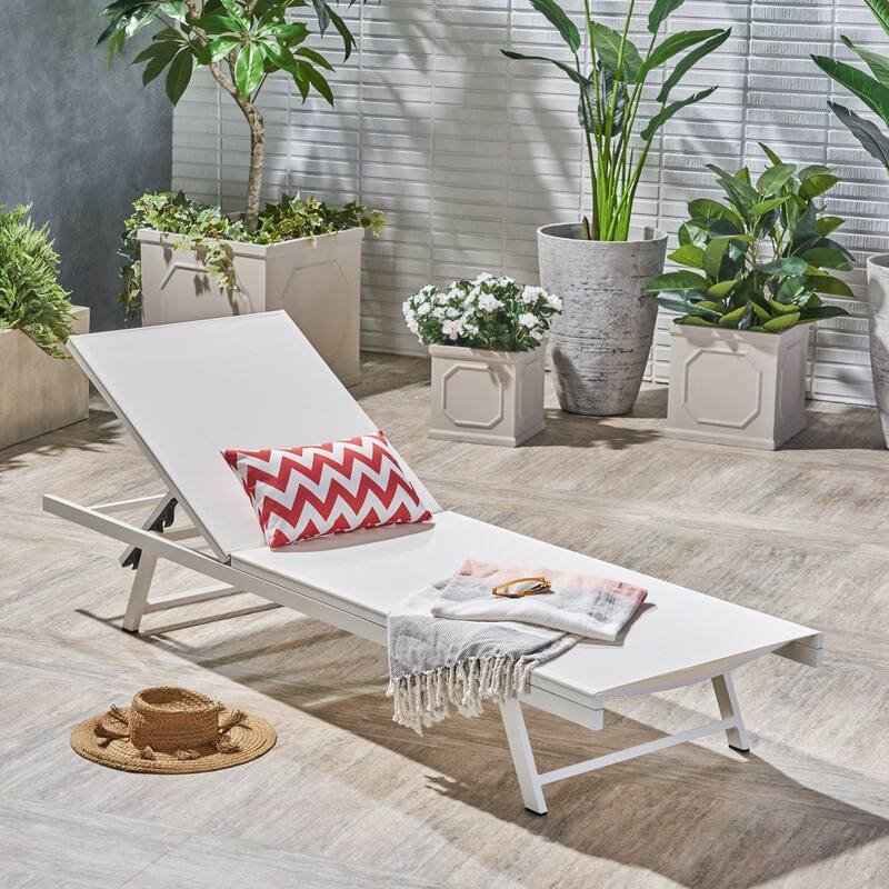 Modern Adjustable White Mesh Chaise Lounge Armless Sun Lounge Chair for Poolside Patio Garden - White