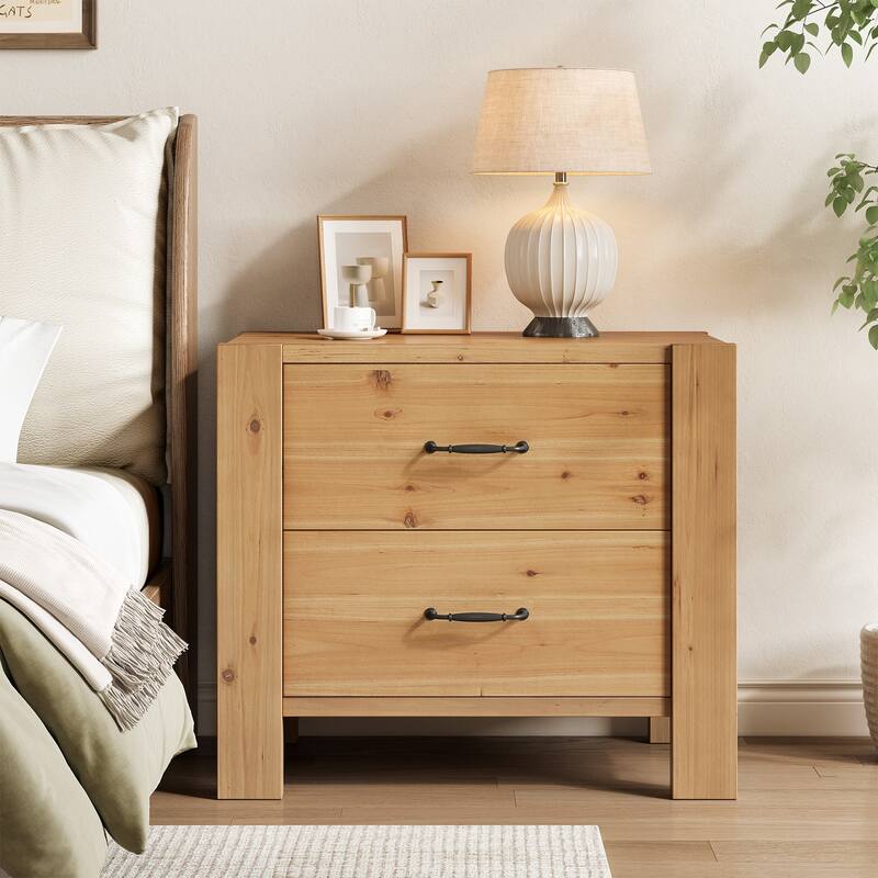 Solid Wood Nightstand with 2 Drawers - Natural Oak-1PC