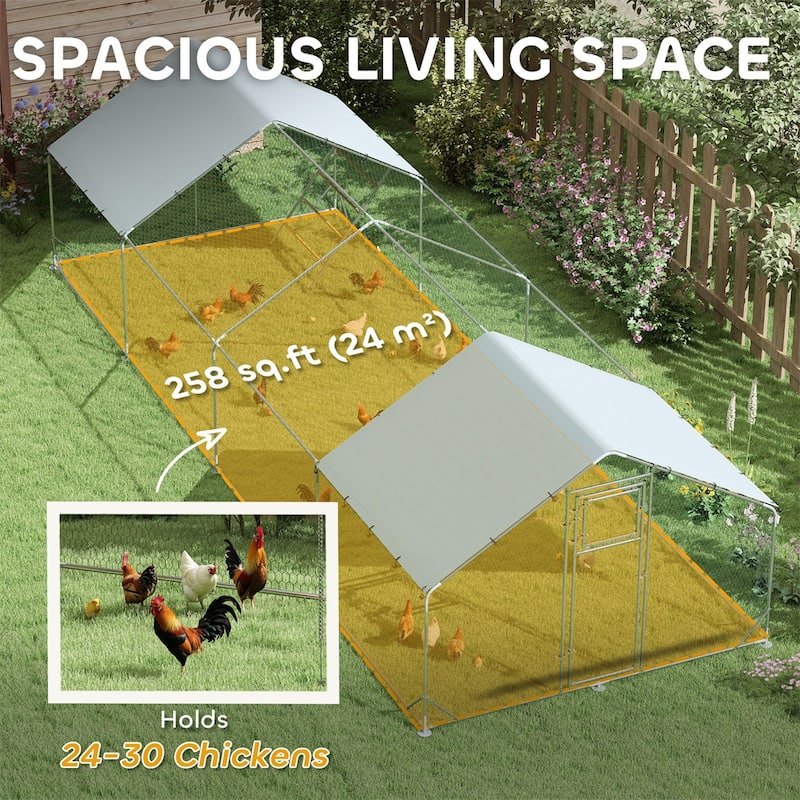 Galvanized Steel Chicken Run with Roof Cover and Secure Lock - 9.8'W x 26.2'D x 6.4'H