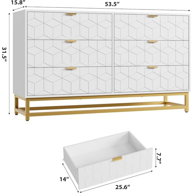 6 Drawer Dresser for Bedroom, Wide Chest with Storage Drawers and Metal Legs for Living Room or Entryway