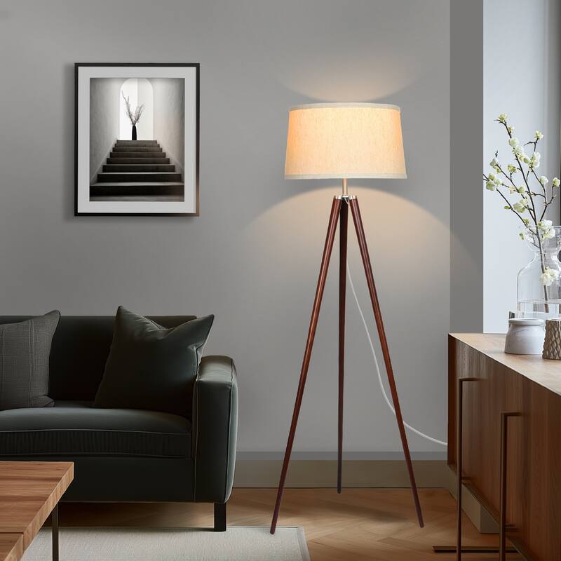 Brightech Emma 61 in. Mid-Century Modern LED Super Bright Floor Lamp with Beige Fabric Drum Shade