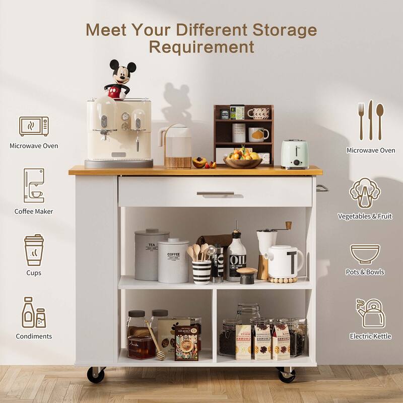 Kitchen Island with Towel Rack – Mobile Cart with Rubber Wood Top, Easy-Glide Storage
