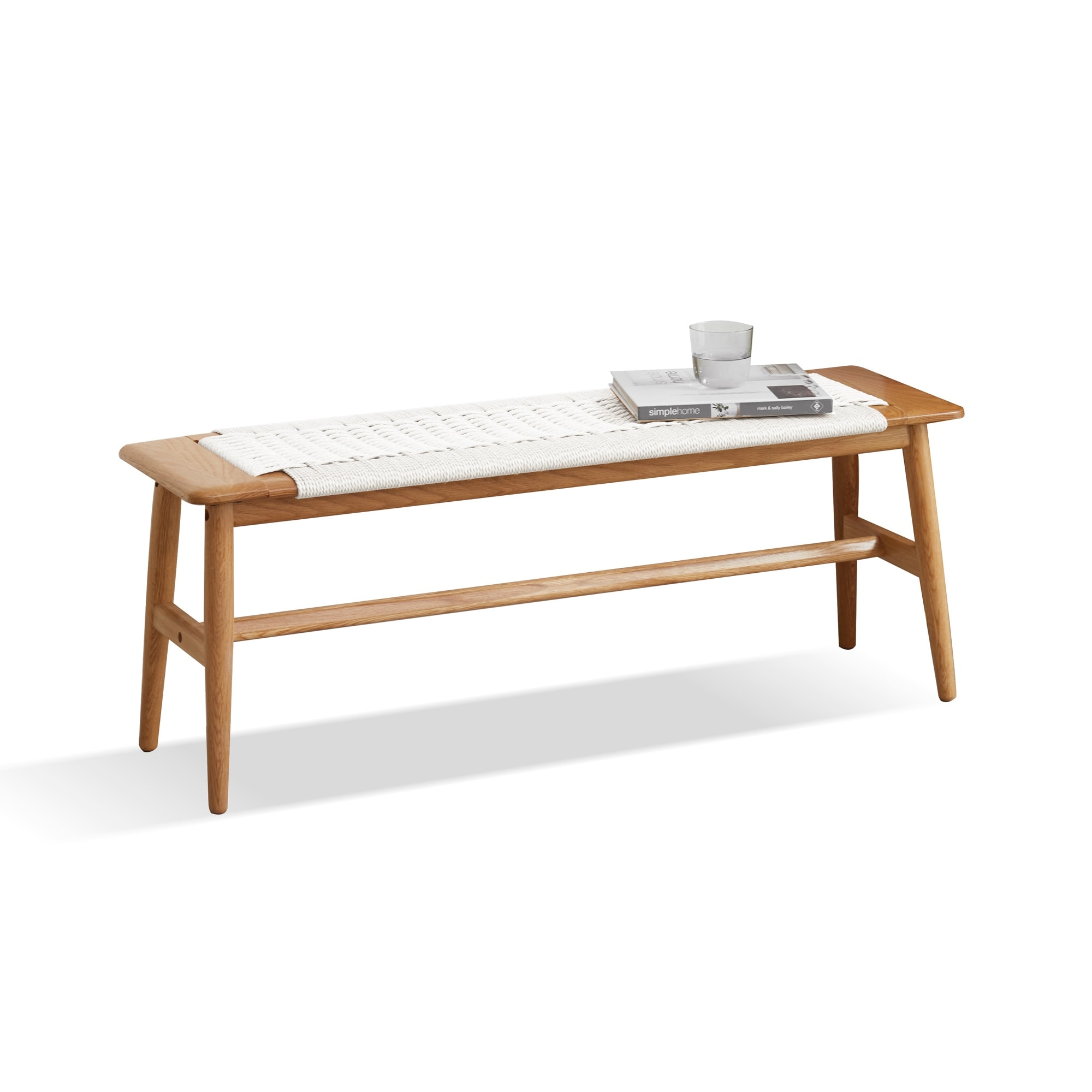 Rattan Seat End of Bed Bench with Solid Wood Legs, Simple Entryway Footrest Seat Leisure Bench Indoor Bench for Mudroom