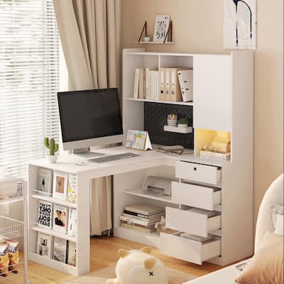 L-Shaped Corner Desk with Charging Station – Modern Home Office Setup featuring Drawers, Bookshelf & LED Lighting.