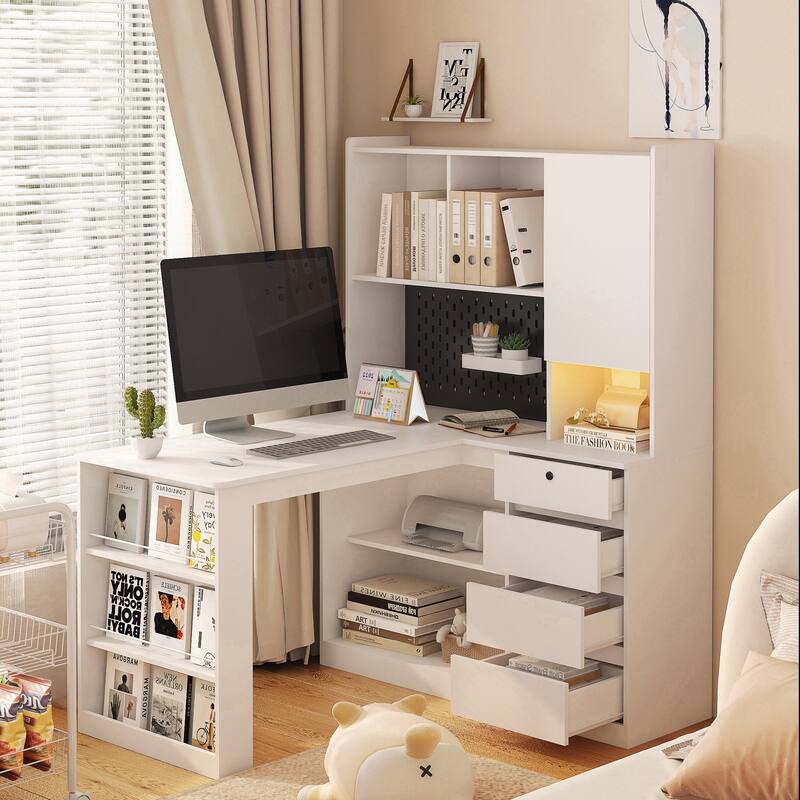 L Shaped Desk with Charger,Computer Desk with Drawers,Bookshelf, with LED Light,Modern Corner Desk,Home Office Desk