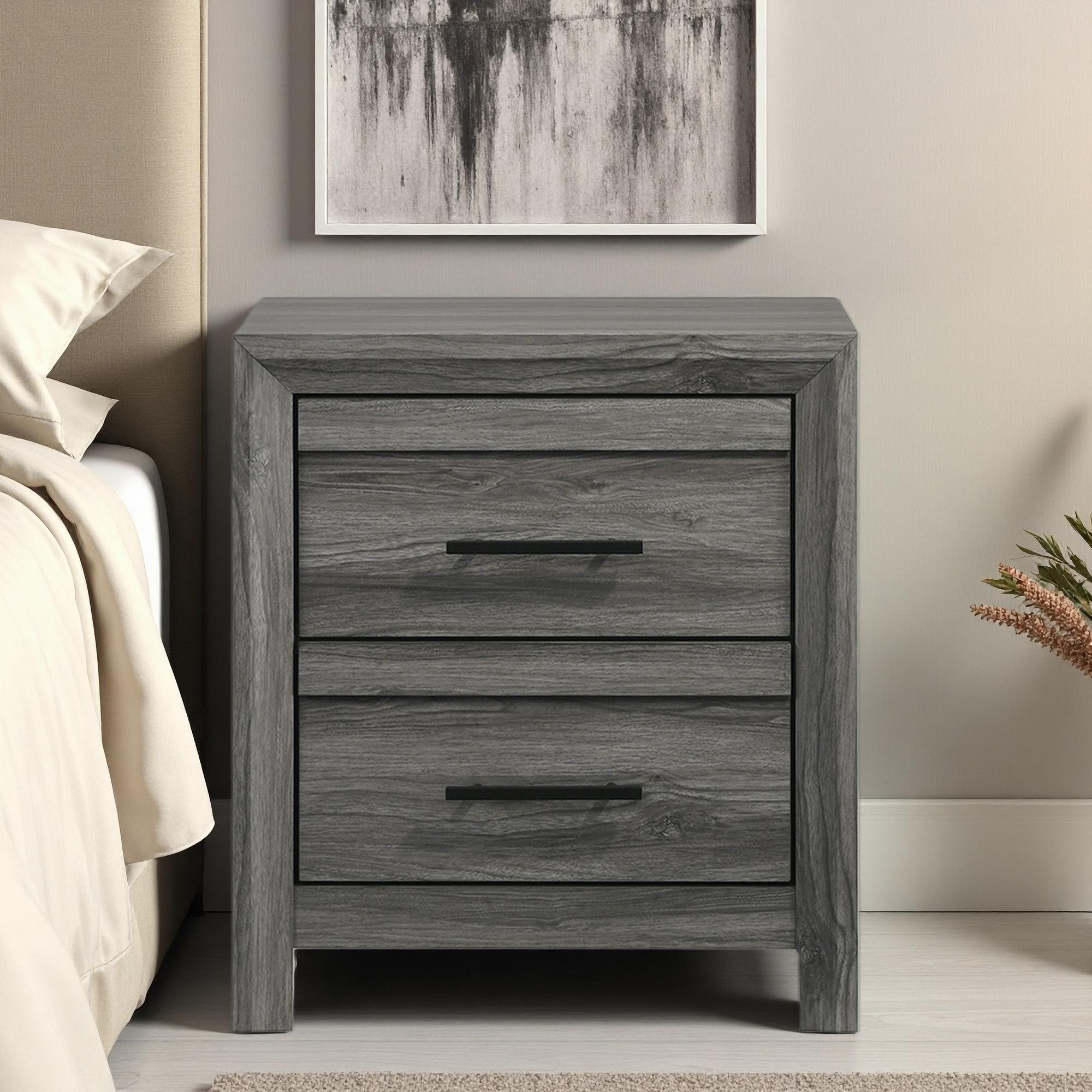 23.62"L Wood Nightstand with 2 Drawers, Black Handle Pulls, Modern Design, and Partial Assembly Required