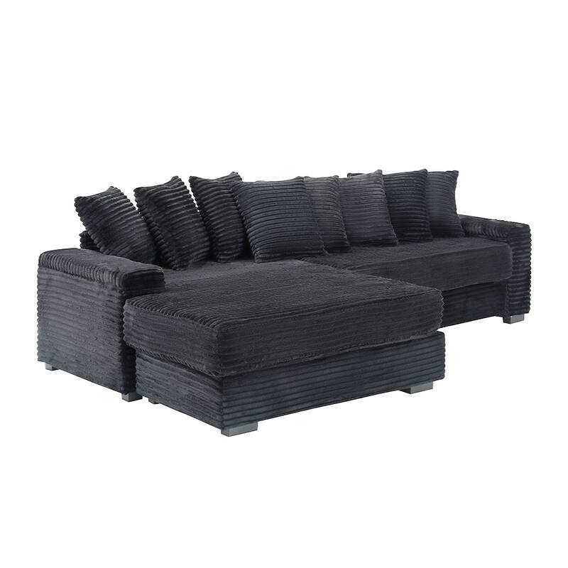 111.4" Black Corduroy Sofa with 8 Throw Pillows and Matching Foot