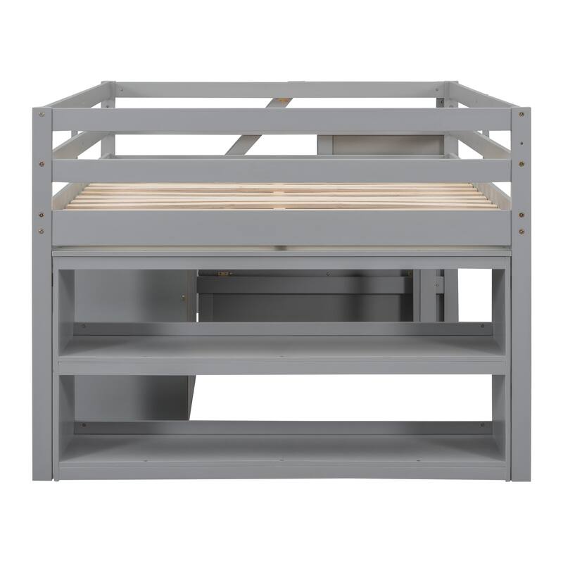 Full Size Loft Bed with Retractable Desk, Storage Stairs, and Shelves, Gray